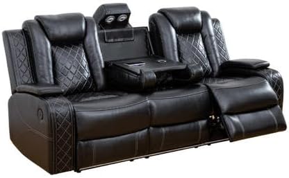 Air Leather Loveseat Power Recliner Sofa, 3 Seat Reclining Sofa with Drop Down Table,Reading Light, LED Lighting&USB Port (Black)