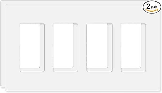 Screwless Decorator Wall Plates 4-Gang Switch Outlet Electrical Cover Plate Unbreakable Thermoplastic Faceplate for Decorative Receptacle Outlet Switch, White (2 Pack)