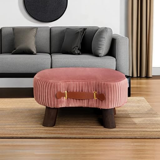 LUE BONA Small Curved Foot Stool with Handle, Pink Velvet Footstool and Ottomans, Modern Foot Rest with Wooden Legs, Step Stool with Padded Seat for Couch, Living Room
