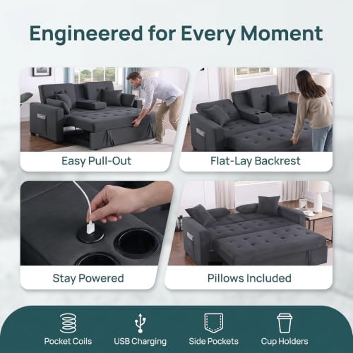 70" Queen Pull Out Sleeper Sofa with USB Port & Cup Holder, Gray
