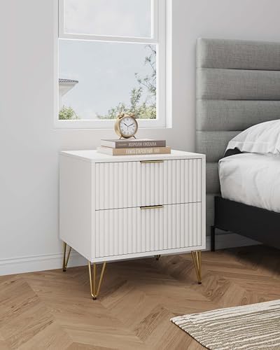 Manhattan Comfort Dumbo Fluted Nightstand with 2 Drawers, Gold Metal Legs and Metal Handles, Snap Tool-Free Assembly, Modern Bedside Accent Table with Storage for Bedroom, Living Room, Office in White