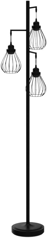 Brightech Teardrop - Modern LED Floor Lamp for Bedroom, Office, Living Room – Tall Industrial Standing Tree Lamp with 3 Elegant Cage Lamp Shades, Bright Edison Bulbs – Black