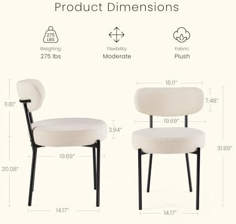DUMOS Dining Chairs Set of 6, Mid Century Modern Chair Round Upholstered Curved Backrest, Kitchen Vanity Living Room Chairs with Black Metal Legs，Classic Beige