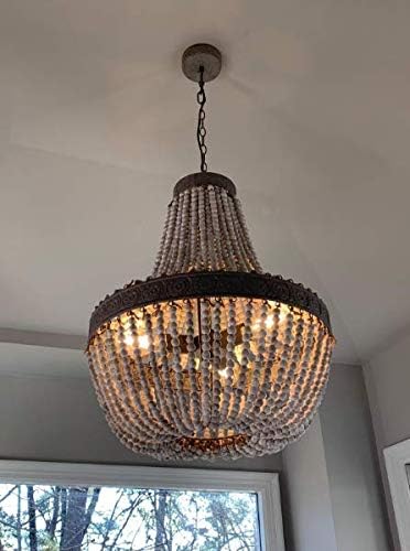 Newrays Wood Beaded Chandelier Pendant Three Lights Gray White Finishing Retro Vintage Antique Rustic Kitchen Ceiling Lamp Light Fixtures(18.52 in*21.3 in)