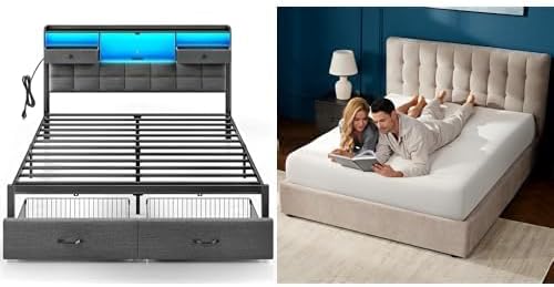 Rolanstar King Size Bed Frame with 6 Inch Gel Memory Foam Mattress, LED Metal Platform Bed with USB Charging & Storage Headboard, Grey, CertiPUR-US Certified Mattress