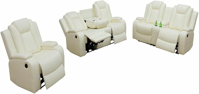 Electric Power Recliner Chair/Loveseat/Sofa Living Room, Comfy Home Theater Breathing Leather Seating with USB 2.0 Charging Ports, LED Light Strips, Fold-Down Table & Cupholders (White, 3-piece)