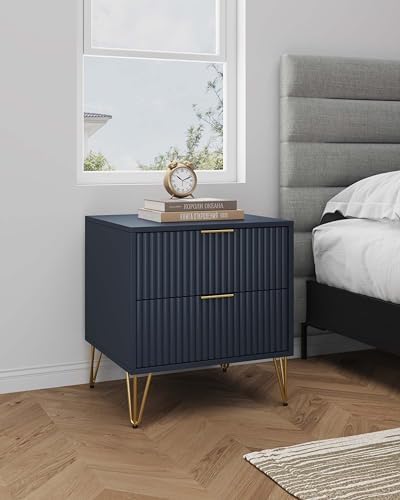 Manhattan Comfort Dumbo Fluted Nightstand with 2 Drawers, Gold Metal Legs and Metal Handles, Snap Tool-Free Assembly, Modern Bedside Accent Table with Storage for Bedroom, Living Room in Midnight Blue