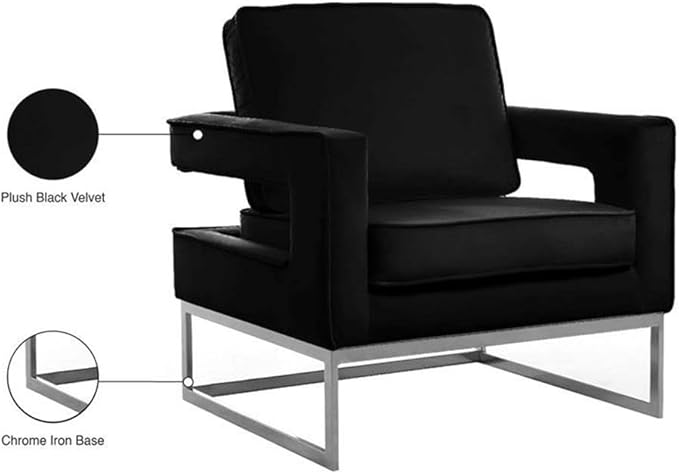 Meridian Furniture Noah Collection Modern | Contemporary Velvet Upholstered Accent Chair with Durable Stainless Steel Base, Black, Chrome Base