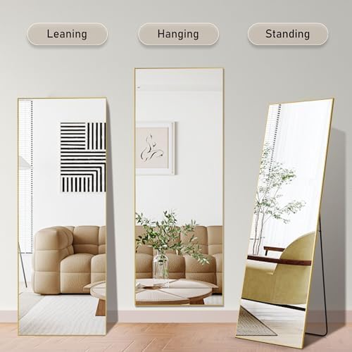 OLIXIS Full Length Mirror for Bedroom, 65"x24" Full Body Mirror with Stand, Hanging or Leaning for Wall, Aluminum Alloy Thin Frame Floor Standing for Living Room, Long, Gold