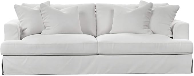 Sunset Trading Newport Slipcovered Recessed Fin Arm Sofa | Moisture and Stain Resistant Performance Fabric | 4 Throw Pillows | White