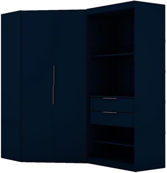 Manhattan Comfort Mulberry 2.0 Corner Wardrobe Closet with Drawers, Hanging Rods and Adjustable Shelves, 2-Piece Free Standing Semi Open Sectional Design for Bedrooms & Dressing Rooms, Midnight Blue