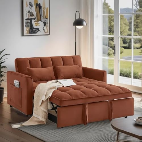 3 in 1 Convertible Sofa Bed, Velvet Fabric Loveseat Sleeper Couch, Modern Pull Out Couch with Side Pockets, Sleeper Sofa Bed with Adjustable Backrest for Living Room, Camel