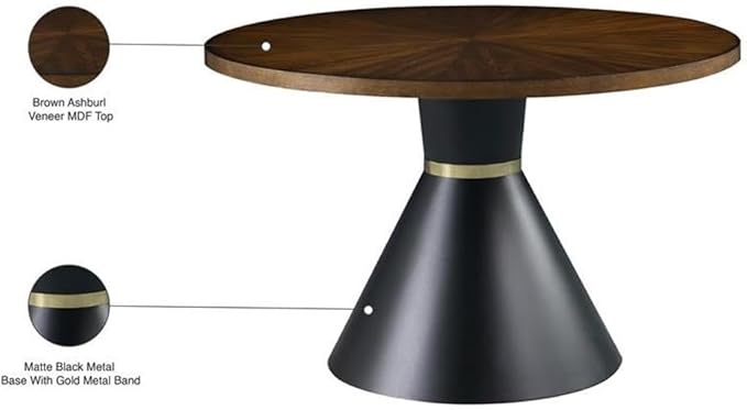 Meridian Furniture 742-T Sheridan Collection Modern | Contemporary Brown Ashburl Wood Veneer Top Dining Table with Matte Black Metal Base and Gold Metal Band, Brown, 48" W x 48" D x 30" H