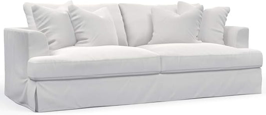Sunset Trading Newport Slipcovered Recessed Fin Arm Sofa | Moisture and Stain Resistant Performance Fabric | 4 Throw Pillows | White