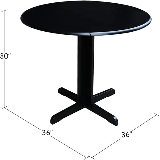 IC International Concepts, Dual Drop Leaf Table - 36", Solid Wood, Real Parawood, 36" W x 36" D x 30" H, Easy Assembly, Black