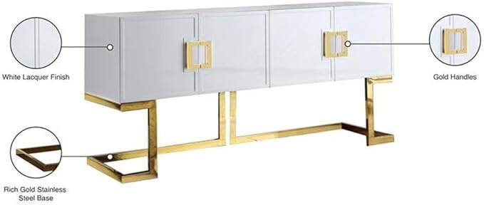 Meridian Furniture Beth Collection Modern | Contemporary Sideboard Buffet, Rich Gold Stainless Steel Base, White Laquer Finish, 64" W x 18" D x 31" H, Cabinet