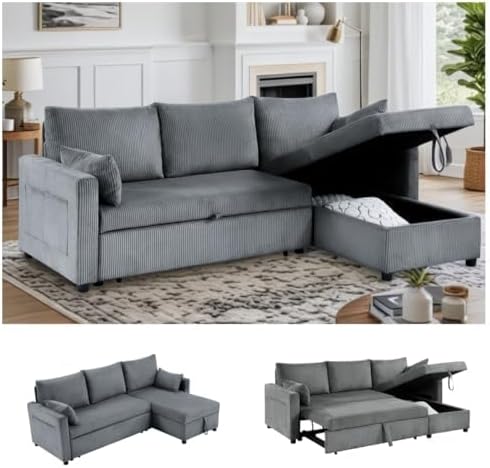 85" 3 Seats Sectional Sleeper Sofa with 3 in 1 Pull Out Bed, Gray