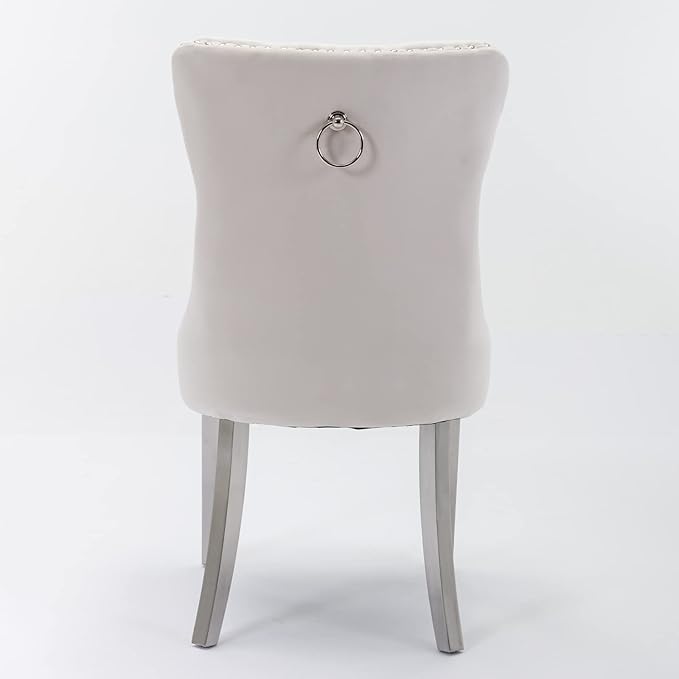 Solid Wood Dining Chair with Nailhead Trim,Velvet Upholstered W/Chrome Stainless Steel Plating Legs,Set of 2,for Living Room,Apartemnt,Beige and Chrome