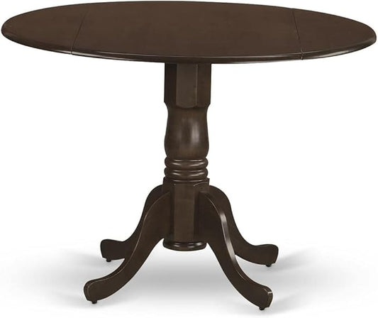 East West Furniture DLVA3-ESP-C 3 Piece Kitchen Table & Chairs Set Contains a Round Dining Room Table with Dropleaf and 2 Linen Fabric Upholstered Chairs, 42x42 Inch, Espresso