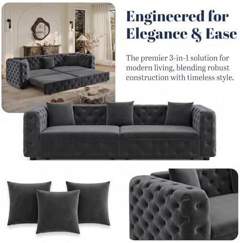 89" 4-Seater Queen Size Pull Out Sofa Bed with 3 Pillows, Gray