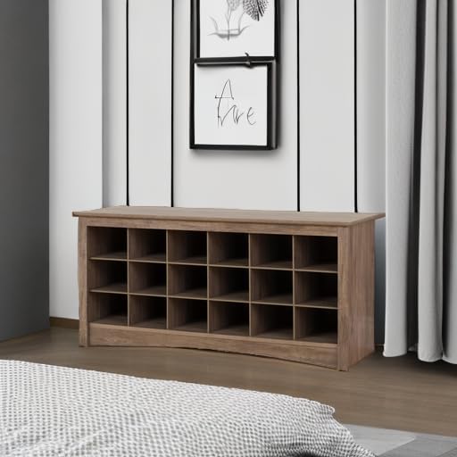 Prepac Gray Shoe Cabinet, Entryway Bench, Mud Room Organization and Storage Bench with 18 Shoe Cubbies 16"D x 48"W x 24"H