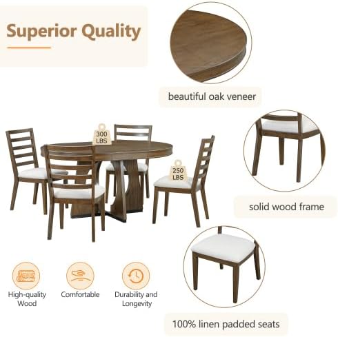 Bellemave Extendable Dining Table Set with 4 Upholstered Chairs, 5-Piece Round Kitchen Table Set with Removable Middle Leaf for Kitchen, Dining Room (Walnut)