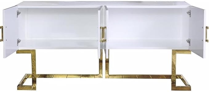 Meridian Furniture Beth Collection Modern | Contemporary Sideboard Buffet, Rich Gold Stainless Steel Base, White Laquer Finish, 64" W x 18" D x 31" H, Cabinet