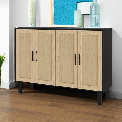 Panana Buffet Storage Cabinet with Rattan Decorating 4 Doors Living Room Kitchen Sideboard 48.43 x 34.65 x 15 inch (Black)