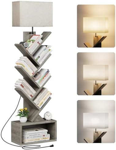 Evermagin 6 Tier Tree Bookshelf with Light, Bookcase, Gray