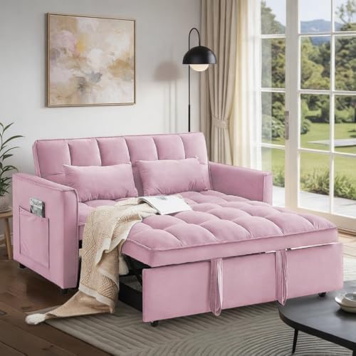 54" Convertible Pull Out Sofa Bed with Adjustable Backrest, Pink