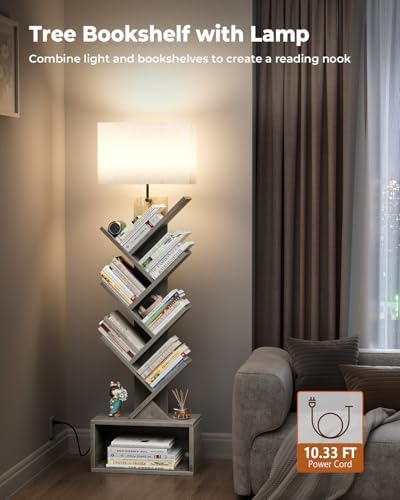 Evermagin 6 Tier Tree Bookshelf with Light, Bookcase, Gray
