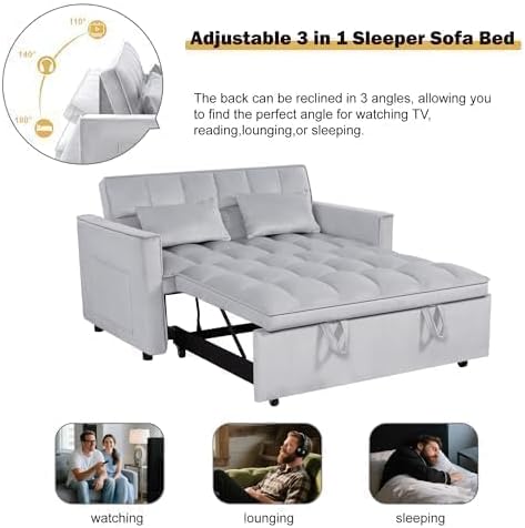 Sleeper Sofa Bed with Adjustable Backrest & Side Pockets, Gray