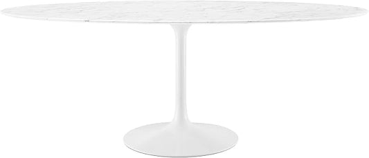 Modway Lippa 78" Oval-Shaped Mid-Century Modern Dining Table with Artificial Marble Top and White Base