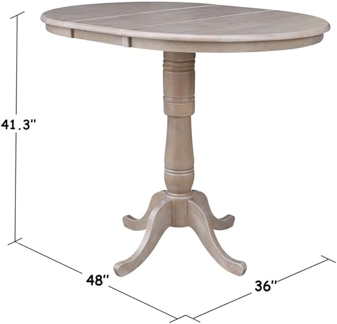 International Concepts 36" Round Top Pedestal Table with 12" Leaf-40.9" H-Dining, Counter, or Bar Height, Washed Gray Taupe