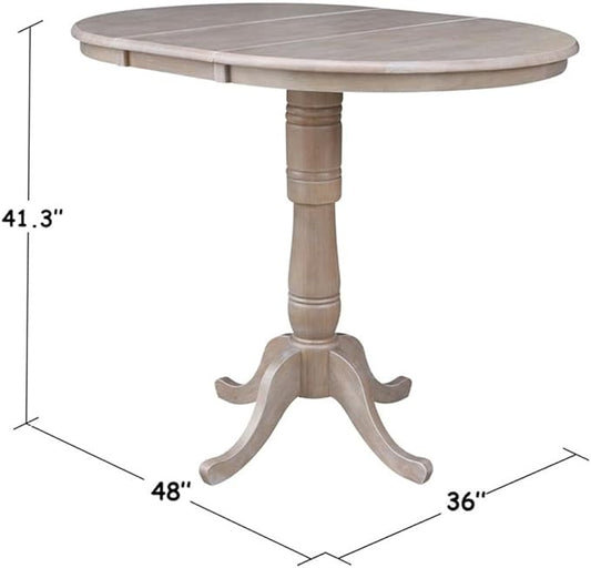 International Concepts 36" Round Top Pedestal Table with 12" Leaf-40.9" H-Dining, Counter, or Bar Height, Washed Gray Taupe