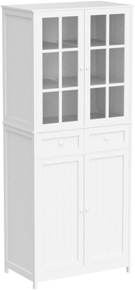 71" Tall Kitchen Pantry Storage Cabinet, Pantry Cabinet with Drawers and Glass Doors, Freestanding Kitchen Cupboard for Dining Room, Laundry, White