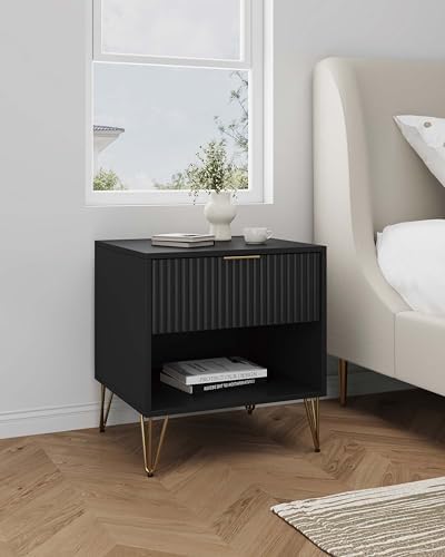 Manhattan Comfort Dumbo Fluted Nightstand with Drawer and Open Shelf, Gold Hairpin Legs and Metal Handle, Snap Tool-Free Assembly, Modern Bedside Accent Table for Bedroom, Office, Living Room in Black