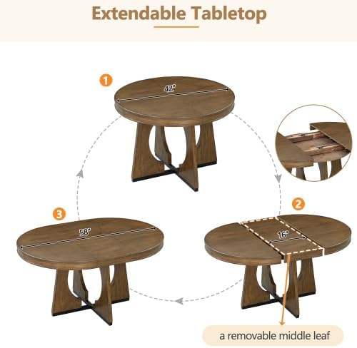 Bellemave Extendable Dining Table Set with 4 Upholstered Chairs, 5-Piece Round Kitchen Table Set with Removable Middle Leaf for Kitchen, Dining Room (Walnut)