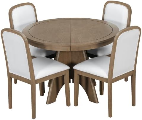 Bellemave 5-Piece Extendable Round Dining Table Set with 4 Upholstered Chairs, 42"-58" Round Kitchen Table Set for 4-6 with Removable Leaf and Crossed Legs for Kitchen, Dining Room (Espresso)