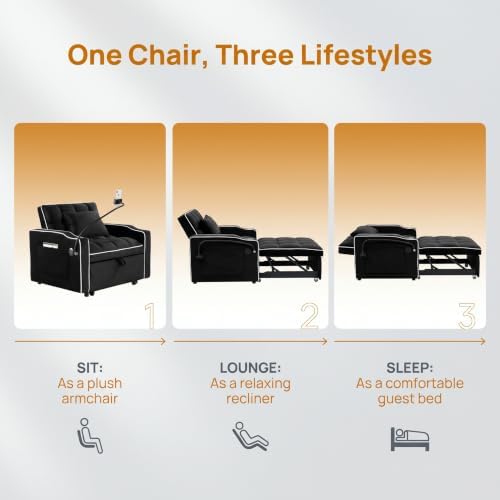 Sleeper Chair with Pull Out Bed, 5 In1 Convertible Chair Bed, Black
