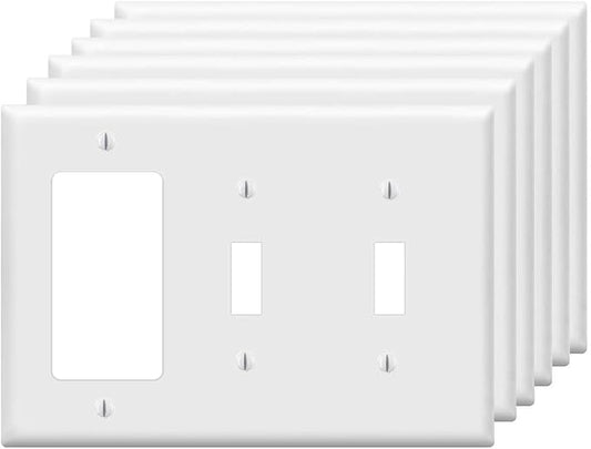 Combination Double Toggle/Single Decorator Rocker Outlet Light Switch Wall Plates 3-Gang Switch Electrical Cover Plate Unbreakable Thermoplastic Faceplate, White (6 Pack)