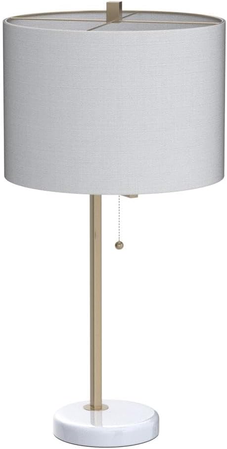 JONATHAN Y 24.5" Brass Gold/White Marble Modern Table Lamp for Bedroom, Linear Desk Lamp for Living Room Office, White Linen Drum Shade, Pull Chain, LED Bulb Included JYL1043A