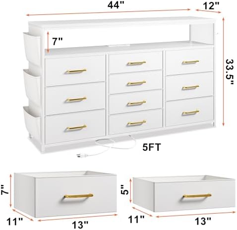 EnHomee 10-Drawer Dresser TV Stand for 55" TV with LED Lights, Power Outlets & Side Pockets (Whithe)