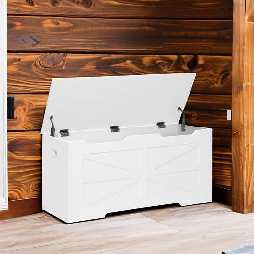 39.4" Storage Chest, Extra Large Storage Trunk with 2 Hinges, Wooden Box Bench, Lift-Top Organizer Chest, Shoe Bench for Entryway, Bedroom, Living Room, White SB03403X