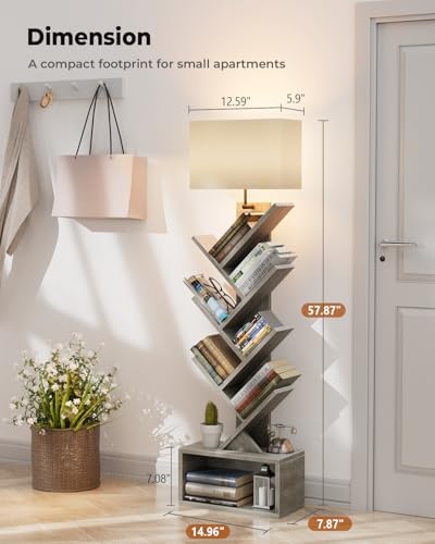Evermagin 6 Tier Tree Bookshelf with Light, Bookcase, Gray