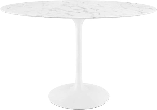 Modway Lippa 48" Oval-Shaped Mid-Century Modern Dining Table with Artificial Marble Top and White Base