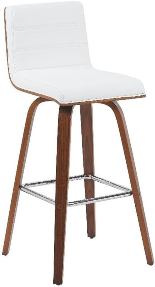 Armen Living Vienna Modern Swivel 30" Bar Height Barstool with White Faux Leather and Walnut Wood Finish