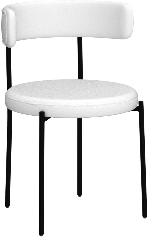 Honyee White Dining Chairs, Modern Dining Chairs Set of 2, Teddy Fleece Round Cushion Dining Room Chairs, Curved Backrest Dining Chairs with Black Metal Legs (White, 2Pcs)