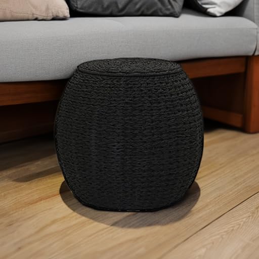Household Essentials Handwoven Paper Rope Barrel Wicker Storage Basket Side Table, Black