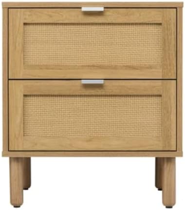 SANGO Orre 2-Drawer Nightstand, Modern Brown Bedside Table with Synthetic Rattan Drawer Panels, Cylindrical Wood Legs, Discreet Finger Pulls, Smart Storage for Living Room or Office Room